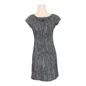 Elegant Black White Woven Tweed Mini Dress Beaded Neckline Cap Sleeve Size 0